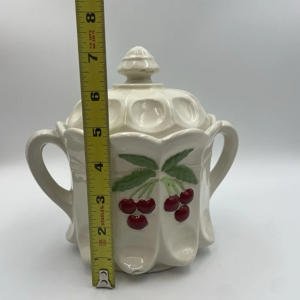 Vintage Hand‎ painted White Ceramic Cookie Jar With Lid -Red Cherries Thumbprint